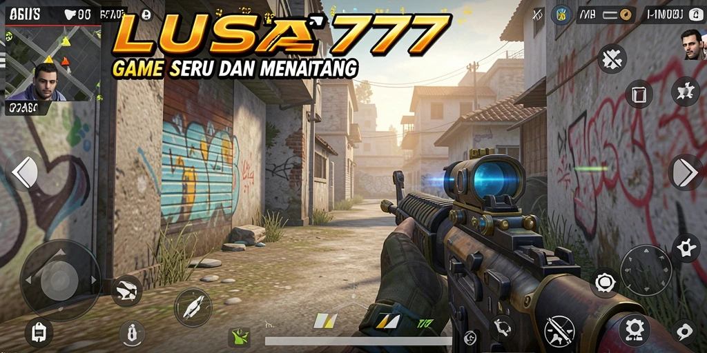 Screenshot utama LUSA777 menampilkan aksi gameplay FPS yang memukau.