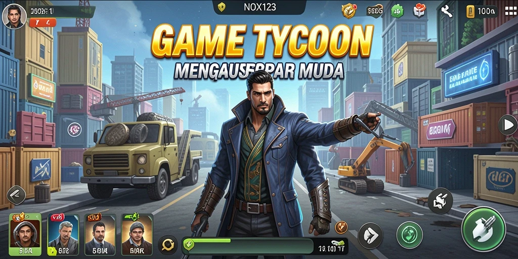 Tampilan interaktif dan dinamis dari gameplay Tycoon NOX123.