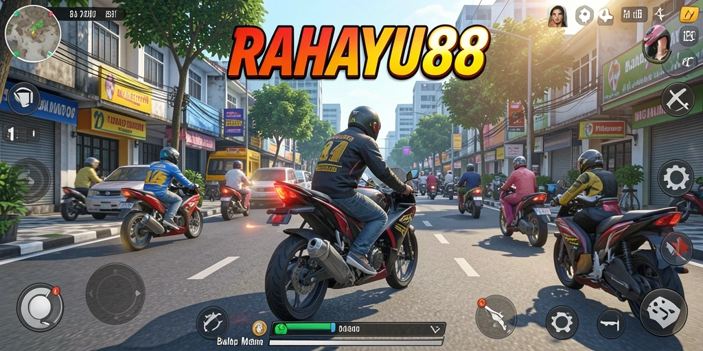 Screenshot RAHAYU88 menampilkan balapan motor yang intens dan mendebarkan.