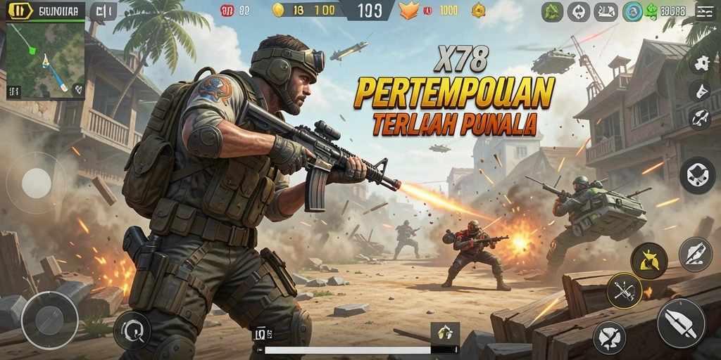 Screenshot X78 menampilkan aksi pertempuran seru di arena Battle Royale.
